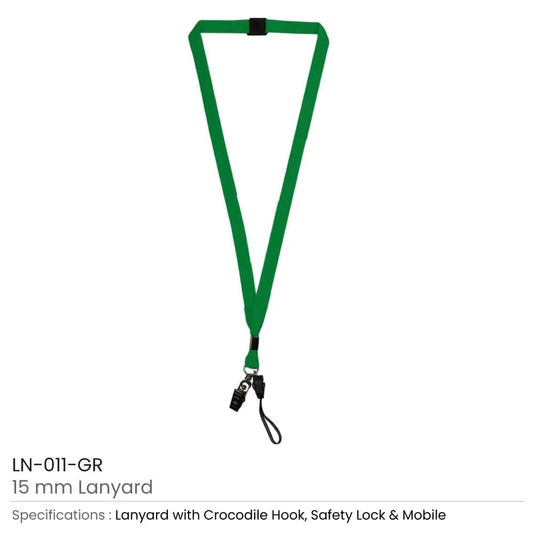15mm Green Lanyard with Crocodile Clip, Mobile Holder & Safety Lock Tristar Graphic