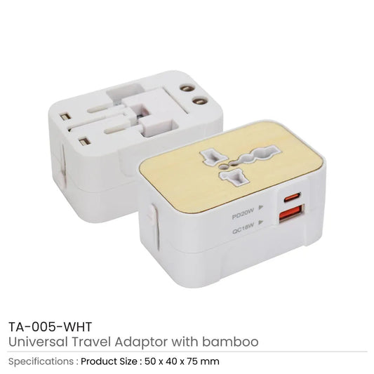 Fast Charging Universal Travel Adaptor with Bamboo Finish – 20W (White) Tristar Graphic